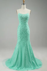 Evening Dresses Wedding, Mint Spaghetti Straps Appliques Mermaid Long Prom Dress
