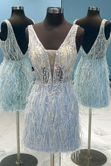 Evening Dresses And Gowns, Light Blue Beaded Sequins Tight Homecoming Dress with Feathers