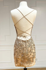 Champagne Prom Dress, Champagne Spaghetti Straps Tight Short Homecoming Dress with Appliques
