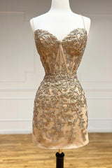 Beauty Dress Design, Champagne Spaghetti Straps Tight Short Homecoming Dress with Appliques