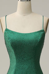 Bridesmaids Dress Styles Long, Mermaid Spaghettti Straps Dark Green Sequins Long Prom Dress with Split Front