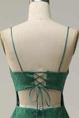 Bridesmaid Dress Styles Long, Mermaid Spaghettti Straps Dark Green Sequins Long Prom Dress with Split Front