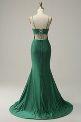Bridesmaid Dresses Styles Long, Mermaid Spaghettti Straps Dark Green Sequins Long Prom Dress with Split Front