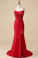 Beach Wedding, Mermaid Spaghettti Straps Red Sequins Long Prom Dress with Split Front