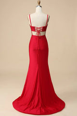 Boho Wedding Dress, Mermaid Spaghettti Straps Red Sequins Long Prom Dress with Split Front