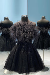 Homecoming Dress Beautiful, Black A-Line Strapless Homecoming Dress with Feathers