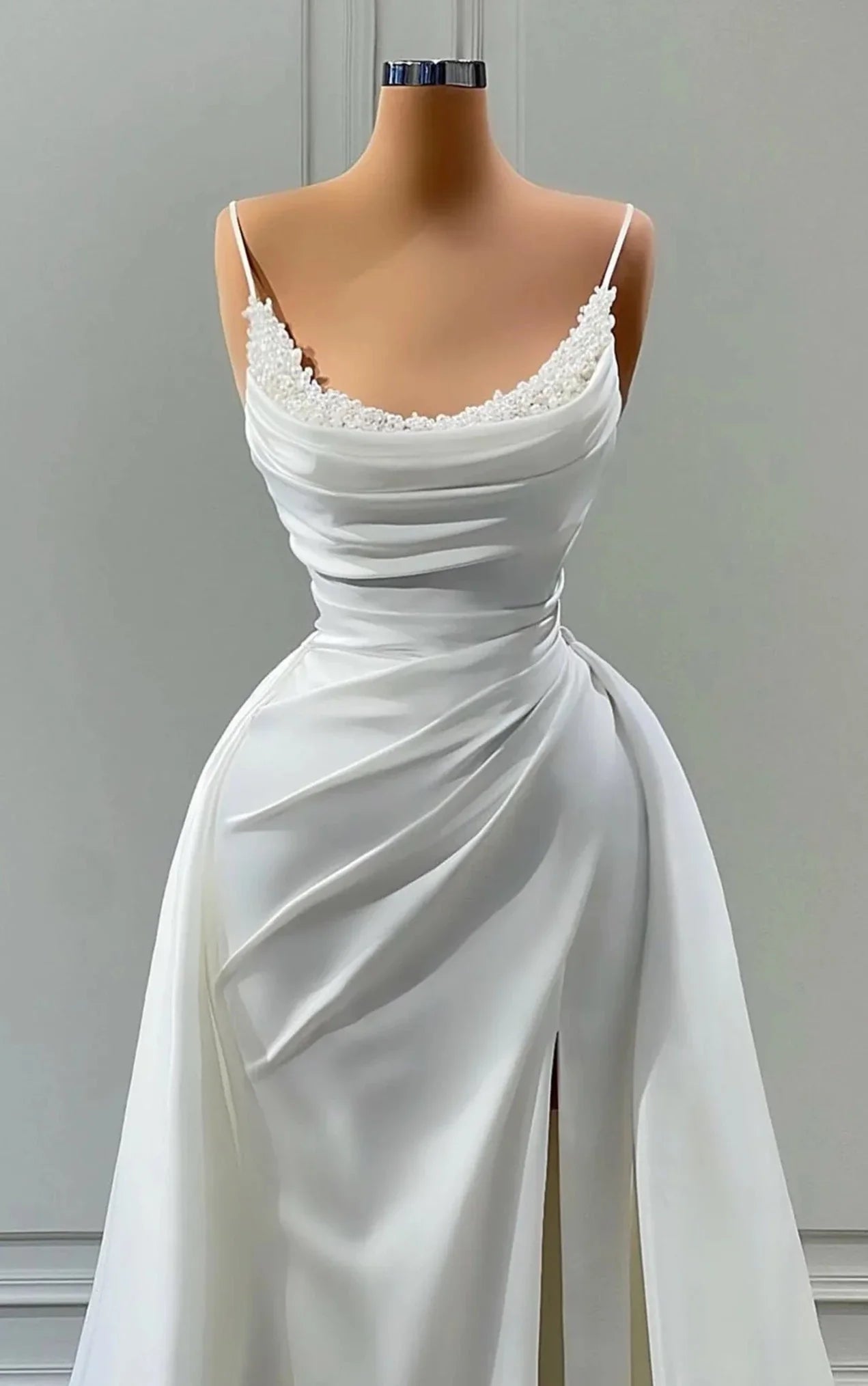 Wedding Dresses For Bridesmaid, Beautiful White Long A-line Spaghetti Straps Wedding Dresses With Beads