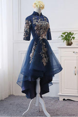 Evening Dresses For Over 59S, High Neck High Low Dark Navy Half Sleeve Tulle Homecoming Dresses With Appliques H1036