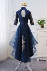 Evening Dress With Sleeves Uk, High Neck High Low Dark Navy Half Sleeve Tulle Homecoming Dresses With Appliques H1036