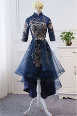 Evening Dresses For Over 59, High Neck High Low Dark Navy Half Sleeve Tulle Homecoming Dresses With Appliques H1036