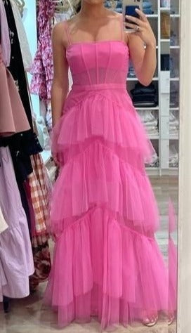 Bridesmaid Dresses Tulle, Fashion Hot Pink Layered Ruffles Evening Gown A Line Tulle Long Prom Dresses