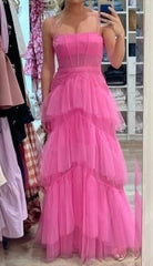Bridesmaid Dresses Tulle, Fashion Hot Pink Layered Ruffles Evening Gown A Line Tulle Long Prom Dresses