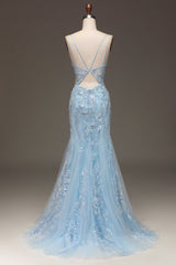 Prom Dress Shop, Blue Tulle Mermaid Prom Dress with Beaded