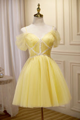 Bridesmaids Dresses Chiffon, Cute Yellow Spaghetti Straps Off The Shoulder Tulle Short Homecoming Dresses