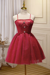 Bridesmaids Dresses Lavender, Chic Burgundy Spaghetti Straps Lace Tulle Short Homecoming Dresses