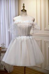 Wedding Aesthetic, Chic Ivory Spaghetti Straps Off The Shoulder Tulle Homecoming Dresses