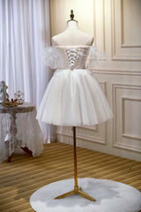 Short Wedding Dress, Chic Ivory Spaghetti Straps Off The Shoulder Tulle Homecoming Dresses