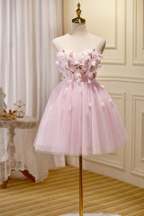 Bridesmaid Dresses Strapless, Cute Pink Strapless Sweetheart Appliques Tulle Short Homecoming Dresses