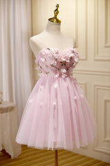 Bridesmaid Dresses Blushing Pink, Cute Pink Strapless Sweetheart Appliques Tulle Short Homecoming Dresses