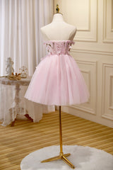 Engagement Photo, Cute Pink Strapless Sweetheart Appliques Tulle Short Homecoming Dresses