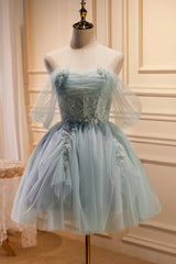 Sequin Dress, Charming Blue Off The Shoulder A Line Tulle Short Homecoming Dresses