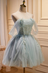Wedding Pictures, Charming Blue Off The Shoulder A Line Tulle Short Homecoming Dresses