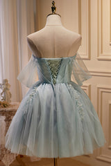 Country Wedding Dress, Charming Blue Off The Shoulder A Line Tulle Short Homecoming Dresses