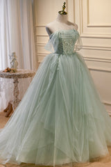 Non Traditional Wedding Dress, Elegant Green Strapless Evening Gown Off The Shoulder Tulle Prom Dresses