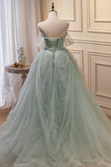 Dusty Blue Bridesmaid Dress, Elegant Green Strapless Evening Gown Off The Shoulder Tulle Prom Dresses
