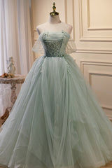 White Wedding, Elegant Green Strapless Evening Gown Off The Shoulder Tulle Prom Dresses