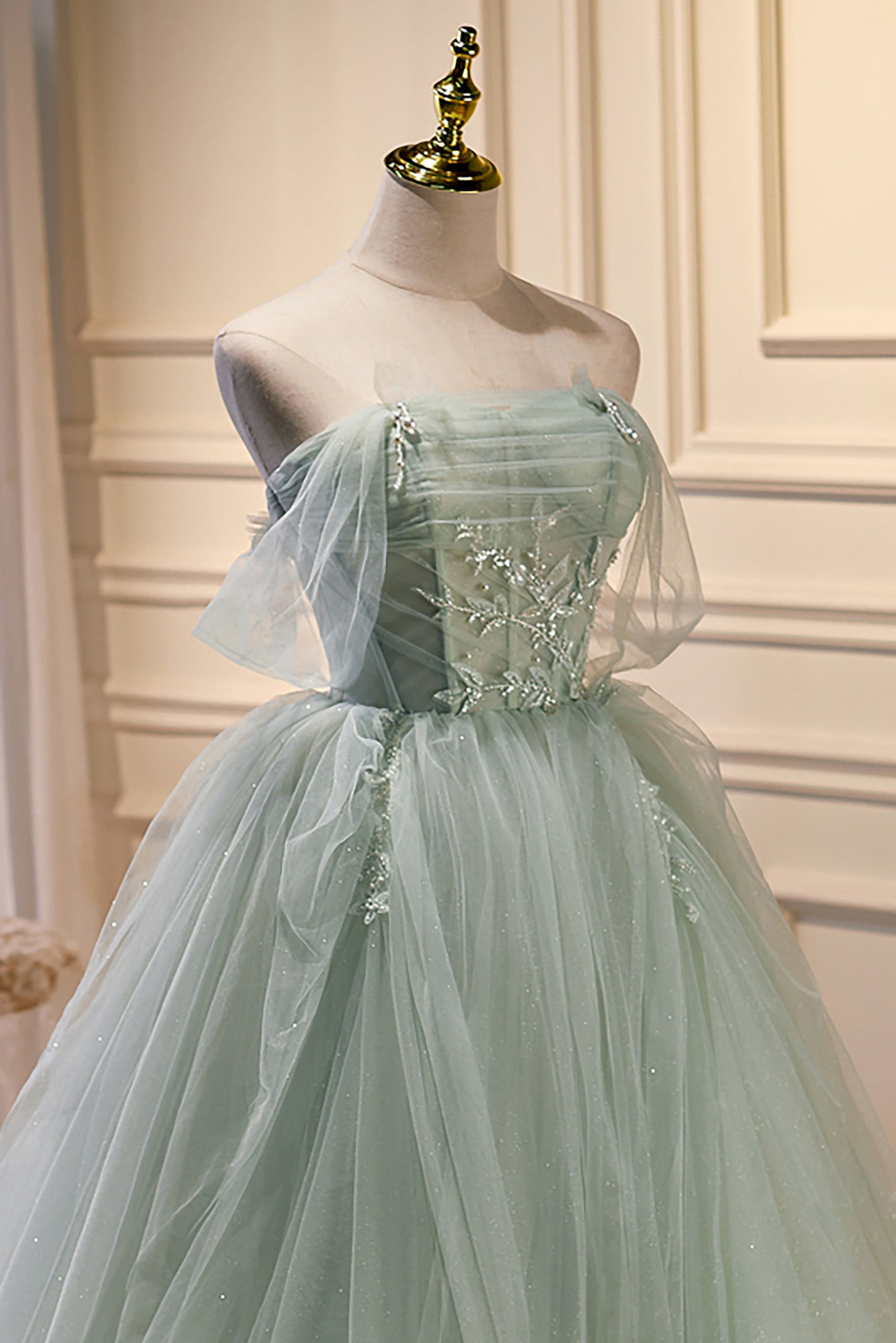 Beauty Dress, Elegant Green Strapless Evening Gown Off The Shoulder Tulle Prom Dresses