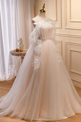 Gala Dress, Charming Spaghetti Straps Ball Gown Off The Shoulder A Line Tulle Long Prom Dresses