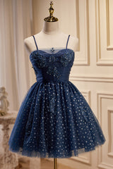 Bridesmaids Dress With Lace, Dark Navy Spaghetti Straps Tulle Short Homecoming Dresses