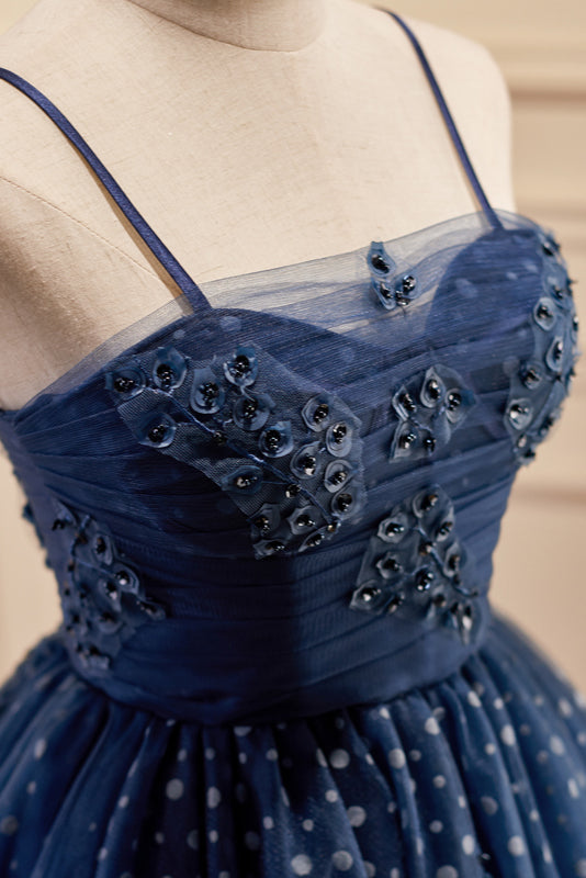Bridesmaid Dresses With Lace, Dark Navy Spaghetti Straps Tulle Short Homecoming Dresses