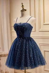 Bridesmaid Dress With Lace, Dark Navy Spaghetti Straps Tulle Short Homecoming Dresses