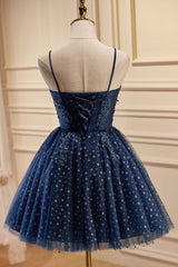 Bridesmaids Dresses With Lace, Dark Navy Spaghetti Straps Tulle Short Homecoming Dresses