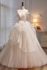 Prom Dress Patterns, Elegant Ivory Spaghetti Straps Ball Gown with Bowknot A Line Tulle Long Prom Dresses