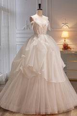 Prom Dresses With Slits, Elegant Ivory Spaghetti Straps Ball Gown with Bowknot A Line Tulle Long Prom Dresses