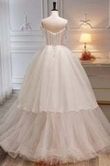 Prom Dress Long Ball Gown, Elegant Ivory Spaghetti Straps Ball Gown with Bowknot A Line Tulle Long Prom Dresses