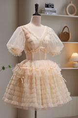Party Dress Trends, Champagne V Neck Short Sleeves Tulle Short Homecoming Dresses