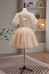 Party Dresses Ladies, Champagne V Neck Short Sleeves Tulle Short Homecoming Dresses