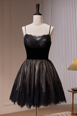 Party Dress Dress Code, Black Spaghetti Straps Lace Tulle Short Homecoming Dresses
