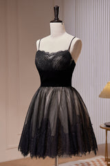 Party Dress Long, Black Spaghetti Straps Lace Tulle Short Homecoming Dresses