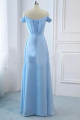 Prom Dressed Short, Light Sky Blue A Line Off The Shoulder Natural Waist Ruched Prom Dress, Lace Up Party Dress