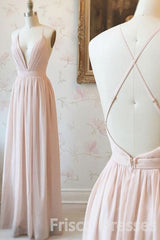 Bridesmaid Dress Affordable, Simple V-neck Zipper Back Floor Length Pink Chiffon Long Elegant Bridesmaid Dresses