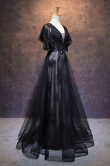 Party Dress Lady, Modest Black Long A-line V-neck Black Prom Dresses Chic Party Dresses
