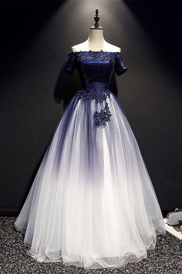 Party Dress Fancy, Modest Royal Blue Long Flowy Evening Prom Dresses With Lace Appliques