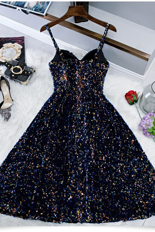Evening Dress Ideas, Glitter Spaghetti Straps Cute Short Prom Dresseses Tight Tea Length Homecoming Dresses