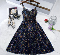 Evening Dress Shop, Glitter Spaghetti Straps Cute Short Prom Dresseses Tight Tea Length Homecoming Dresses