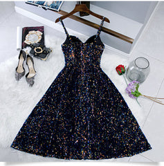 Evening Dresses Store, Glitter Spaghetti Straps Cute Short Prom Dresseses Tight Tea Length Homecoming Dresses